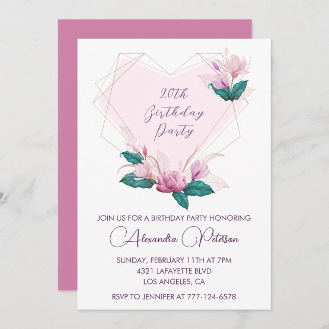 Elegant 20th birthday invitations Pink floral (Front/Back)