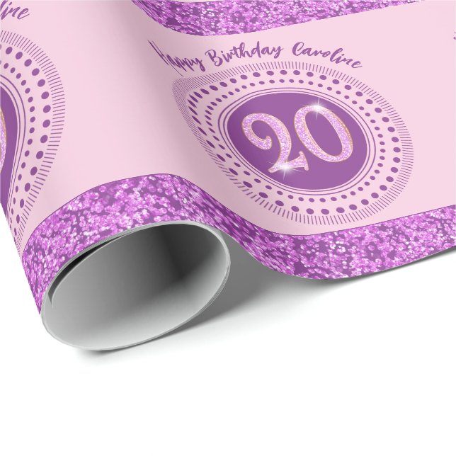 Elegant 20th Birthday Pink Glitter with Stripes Wrapping Paper (Roll Corner)