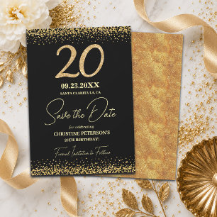 Elegant 20th Black Gold Glitter Birthday Save The Date