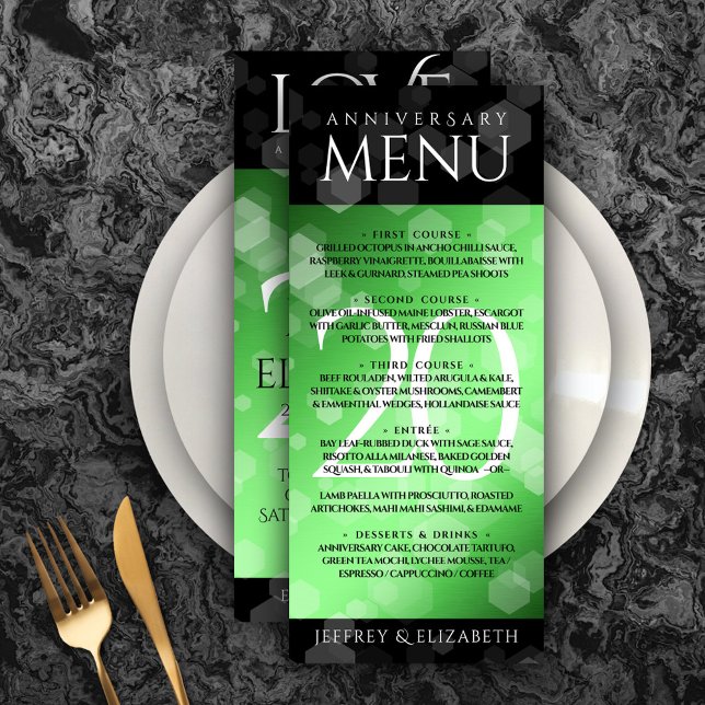 Elegant 20th Emerald Wedding Anniversary Menu (Elegant 20th Emerald Wedding Anniversary Menu Rack Card Cover Photo.)