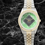 Elegant 20th Emerald Wedding Anniversary Watch<br><div class="desc">Celebrate the 20th emerald wedding anniversary and a love that stands the test of time with this stylish watch! Elegant black and white lettering with hexagonal confetti on an emerald green background add a memorable touch for this special occasion and extraordinary milestone. Personalise with the couple's names and dates of...</div>