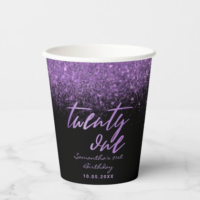 Elegant 21st Birthday Black and Purple Glitter Paper Cups (Front)