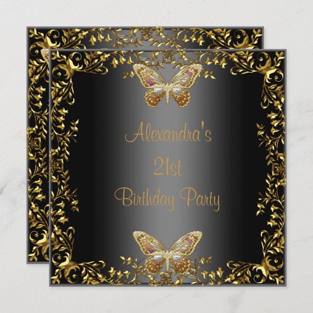 Elegant 21st Birthday Black Gold Butterfly Invitation (Front/Back)