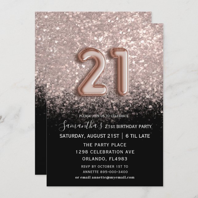 Elegant 21st Birthday Black & Rose Gold Glitter  Invitation (Front/Back)