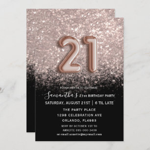 Elegant 21st Birthday Black & Rose Gold Glitter  Invitation