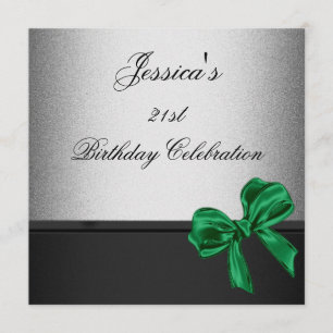 Elegant 21st Birthday Black Silver Emerald Bow Invitation