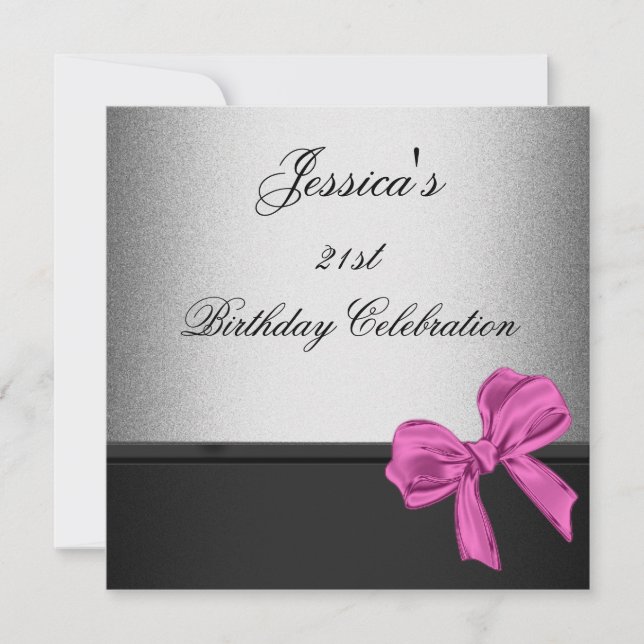 Elegant 21st Birthday Black Silver Pink Bow 2 Invitation (Front)
