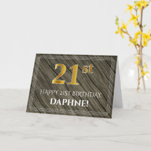 Elegant 21st Birthday: Faux Wood, Faux Gold Look Card