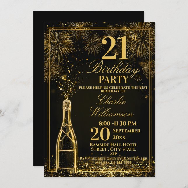 Elegant 21st Birthday Gold Bottle Fizz Invitation (Front/Back)