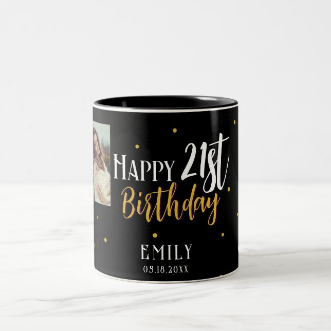 Elegant 21st Birthday Gold Foliage Photo Party Two-Tone Coffee Mug (Center)