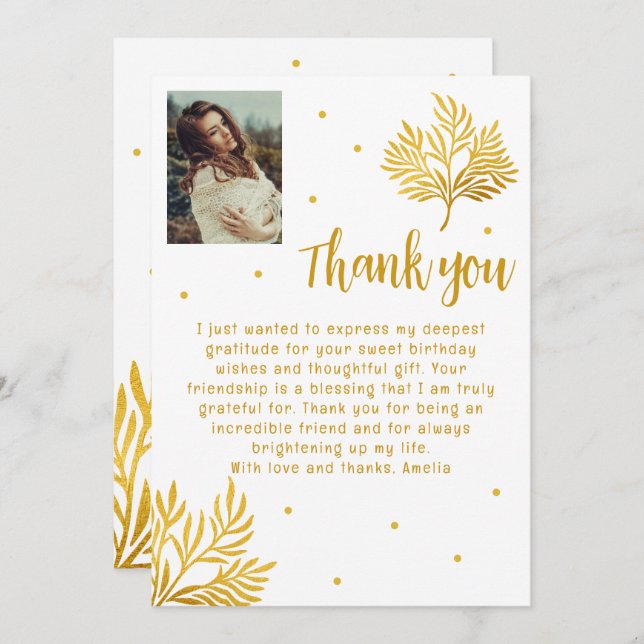 Elegant 21st Birthday Gold Foliage Photo Thank You Card (Front/Back)