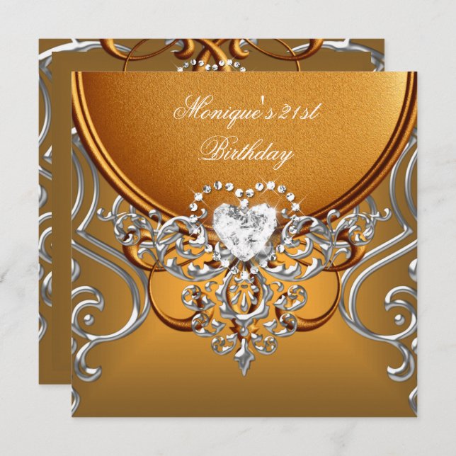 Elegant 21st Birthday Party Gold Silver Diamond Invitation (Front/Back)