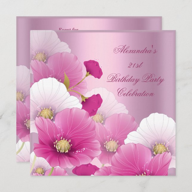 Elegant 21st Birthday Party Pink White Poppies Invitation (Front/Back)