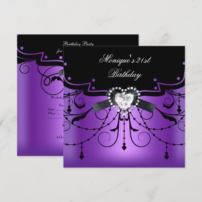 Elegant 21st Birthday Party Purple Black Diamond Invitation (Front/Back)