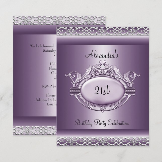 Elegant 21st Birthday Party Satin Purple Mauve Invitation (Front/Back)