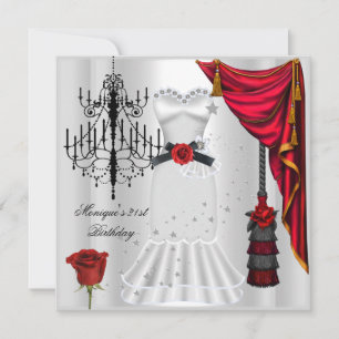 Elegant 21st Birthday Red Rose White Black Invitation