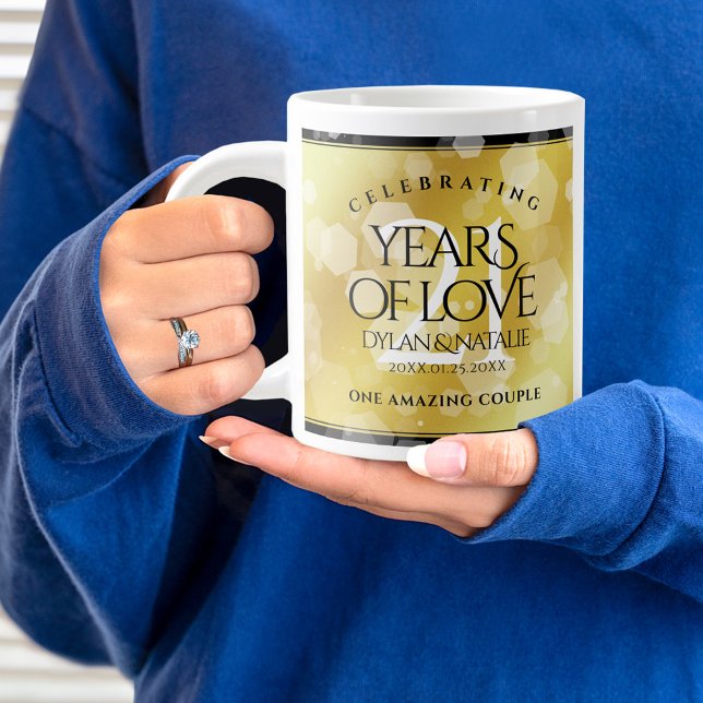 Elegant 21st Brass Wedding Anniversary Celebration Large Coffee Mug (21st wedding anniversary jumbo coffee mug held by woman sporting a wedding ring and blue sweatshirt.)