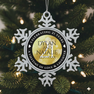 Elegant 21st Brass Wedding Anniversary Celebration Snowflake Pewter Christmas Ornament