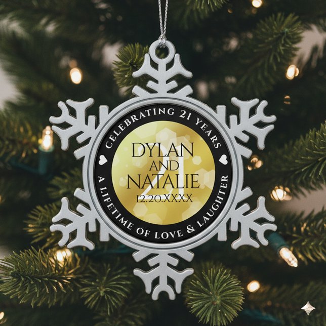 Elegant 21st Brass Wedding Anniversary Celebration Snowflake Pewter Christmas Ornament (21st Brass Wedding Anniversary Snowflake Pewter Ornament Cover Photo)