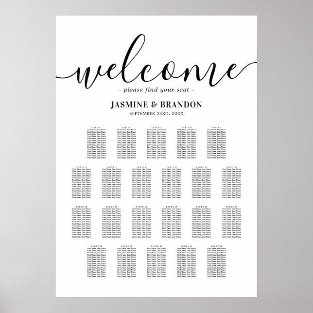 Elegant 22 Table Wedding Seating Chart (Front)