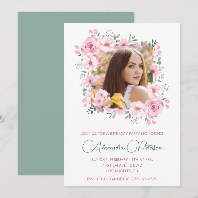 Elegant 22nd birthday invitations Photo Floral (Front/Back)