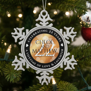 Elegant 22nd Copper Wedding Anniversary Snowflake Pewter Christmas Ornament
