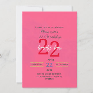 Elegant 22st Birthday Hot Pink Invitation