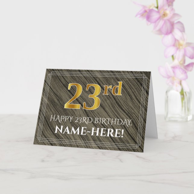 Elegant 23rd Birthday: Faux Wood, Faux Gold Look Card (Orchid)