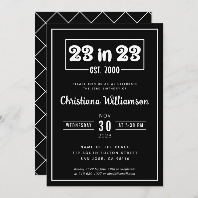 Elegant 23rd Birthday Gift 23 in 23 Est 2000 Invitation (Front/Back)
