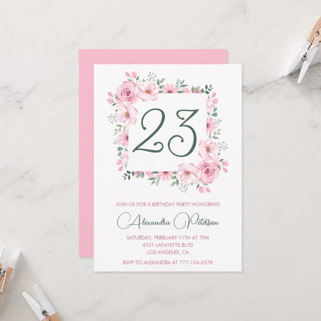Elegant 23rd birthday invitations Floral Pink  (Front/Back In Situ)