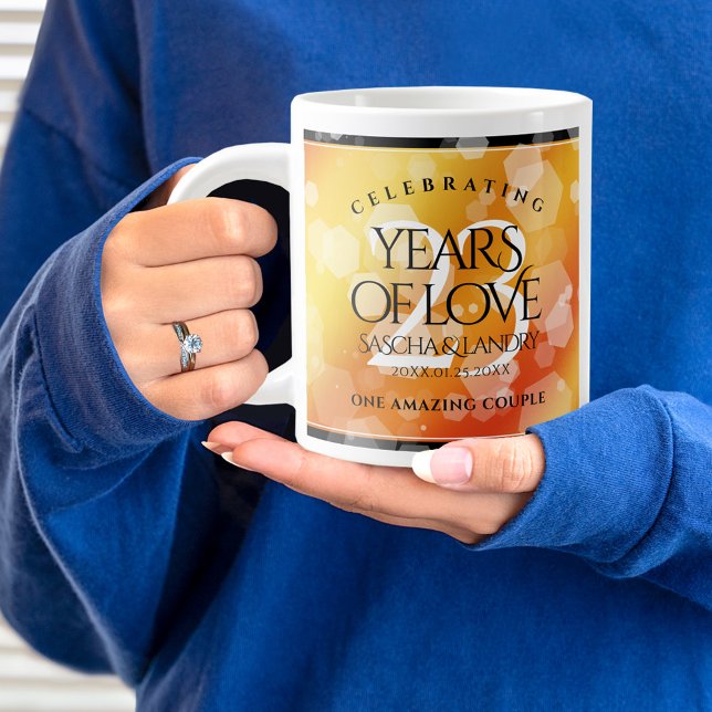 Elegant 23rd Imperial Topaz Wedding Anniversary Large Coffee Mug (23rd wedding anniversary giant mug held by woman sporting a wedding ring and blue sweater.)