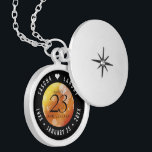 Elegant 23rd Imperial Topaz Wedding Anniversary Locket Necklace<br><div class="desc">Commemorate the 23rd wedding anniversary with this elegant locket! Elegant black and white lettering with hexagonal confetti on a deep red-yellow-orange moire background add a memorable touch for this special occasion and extraordinary milestone. Customise with the happy couple's names, and add dates for their imperial topaz anniversary. Design © W.H....</div>