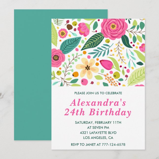 Elegant 24th birthday invitations Floral Colourful (Front/Back)