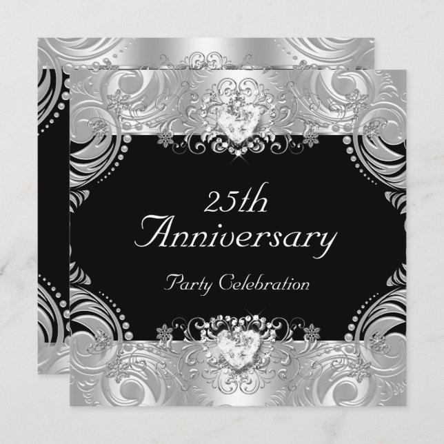 Elegant 25th Anniversary Black Silver White 2 Invitation (Front/Back)