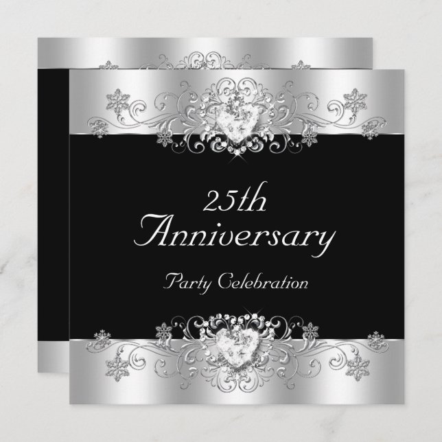 Elegant 25th Anniversary Black Silver White Invitation (Front/Back)
