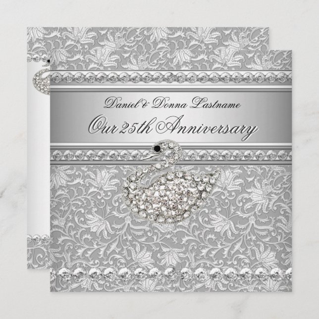 Elegant 25th Anniversary Silver Damask Swan 2 Invitation (Front/Back)