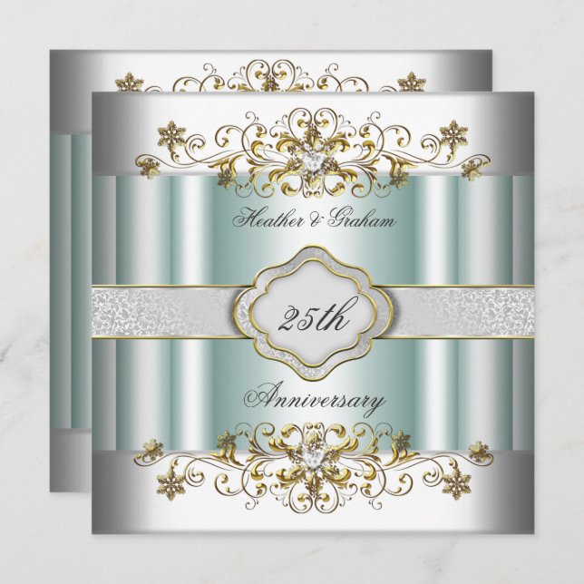 Elegant 25th Anniversary Silver Teal Blue Mint Invitation (Front/Back)