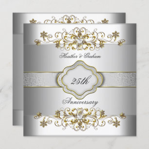 Elegant 25th Anniversary Silver White Gold Templat Invitation