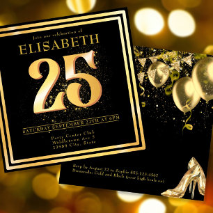 Elegant 25th Gold Black Birthday Invitation