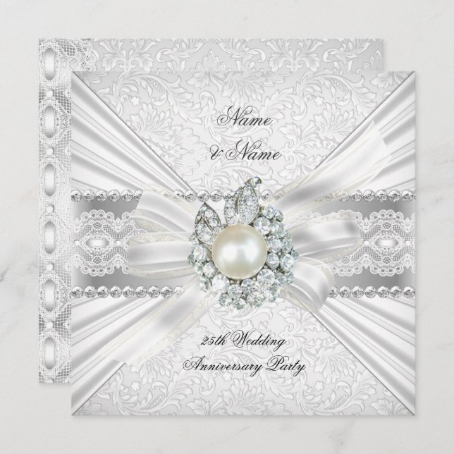 Elegant 25th Silver Anniversary Party Lace Pearl Invitation (Front/Back)