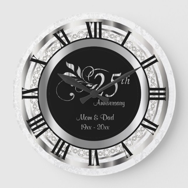 Elegant 25th Silver Diamond Anniversary Large Clock (Front)