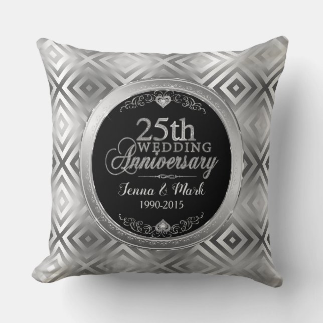 Elegant 25th Silver Geometric Wedding Template Cushion (Front)