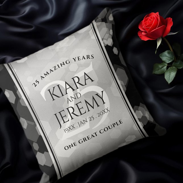 Elegant 25th Silver Wedding Anniversary Cushion (EO 25th Wedding Anniversary Throw Pillow on Black Silk Cover Photo)