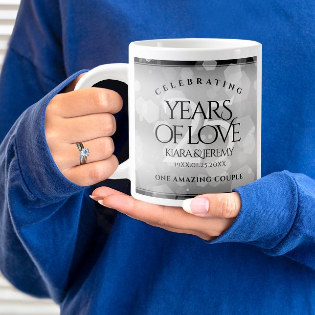 Elegant 25th Silver Wedding Anniversary Large Coffee Mug (25th wedding anniversary jumbo mug held by woman sporting a wedding ring and blue sweatshirt.)