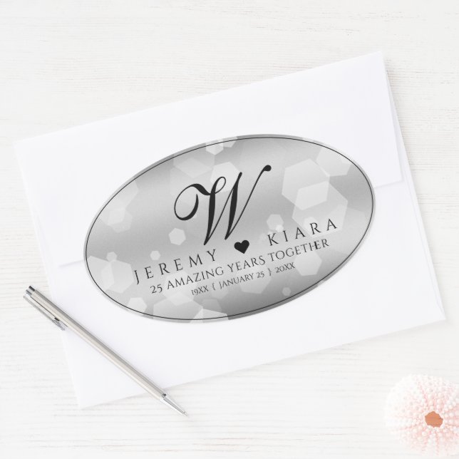 Elegant 25th Silver Wedding Anniversary Oval Sticker (Envelope)