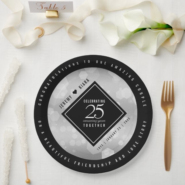 Elegant 25th Silver Wedding Anniversary Paper Plate (Wedding)