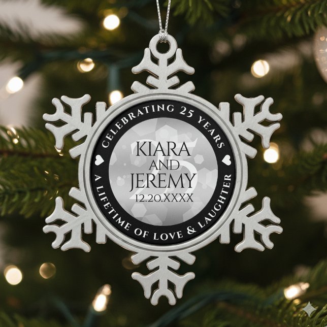 Elegant 25th Silver Wedding Anniversary Snowflake Pewter Christmas Ornament (25th Silver Wedding Anniversary Pewter Snowflake Ornament Cover Photo)