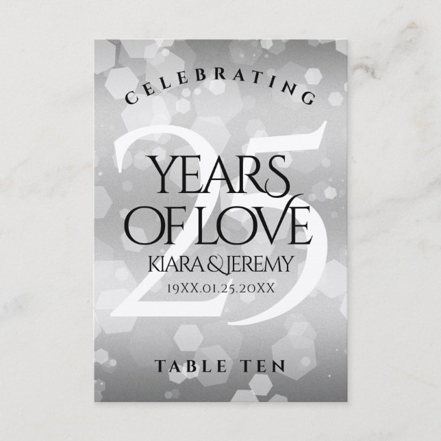 Elegant 25th Silver Wedding Anniversary Table Card (Front)