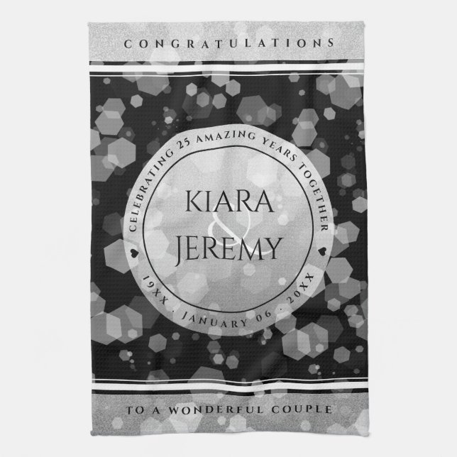 Elegant 25th Silver Wedding Anniversary Tea Towel (Vertical)