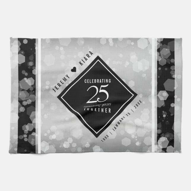 Elegant 25th Silver Wedding Anniversary Tea Towel (Horizontal)